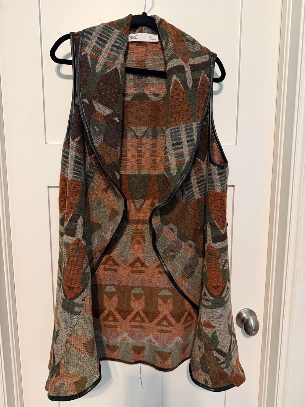 BKE Multicolor Geometric Southwest Knit Vest with Vegan Leather Trim Y2K